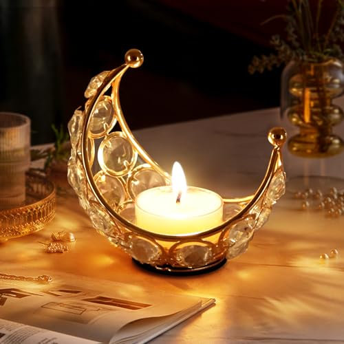 HIULLEN Photophore Doré, Bougeoir Lune, Lanternes Décoratives Ramadan, Décoration de Table, Bougeoir en Cristal Lune, Bougies Modernes, Bougeoir Décoratif pour Mariage Ramadan, Décoration Moderne