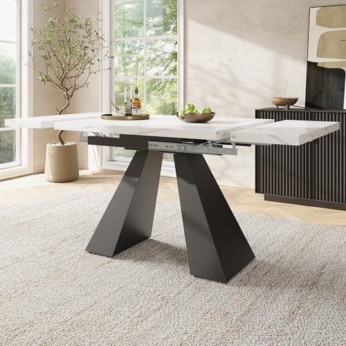 Huayz Tavolo da pranzo telescopico in stile moderno, rettangolare, estensibile da 99 cm a 159 cm, gambe in acciaio al carbonio extra resistenti, 99 x 74 cm (bianco + nero)