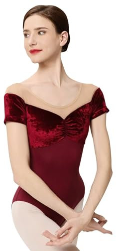 flexdans Ballett Trikot Damen, Kurzarm Tanzbody,Ballett-Tanztrikot aus Samt für Erwachsene mit BH D043 Red 170