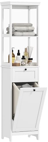 HOMCOM Tall Bathroom Cabinet with Removable Laundry Basket, Slim Bathroom Storage Unit with Tilt-Out Laundry Cabinet, 2 Open Shelves and Drawer, 40 x 30 x 165 cm, White
