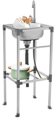 Évier de cuisine sur pied en acier inoxydable avec meuble inférieur, lavabo mobile, 1 bac avec robinet et panier filtrant, évier commercial pour cuisine, 42 x 37 x 83 cm
