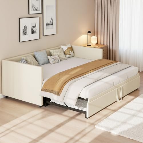 Lietre Schlafsofa 90/180 x 200 cm, Ausziehbares Schlafsofa mit Lattenrost, ausziehbares Schlafsofa für Wohnzimmer (Samt) (beige)