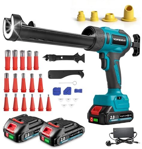 Yofidra Electric Caulking Gun Cordless, 6 Speed Adjustable, 2 x 2.0Ah Batteries, LED Light, LCD Display, Anti-Drip - 10oz/300ml Silicone & Sealant Cartridges for Sealing, Filling, Leak Proof, DIY