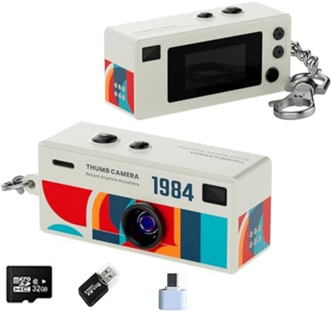 Mini Fotocamera Portachiavi Vintage, Small Camera Keychain, Mini Macchina Fotografica Digitale, Fotocamera per Pollice Video Portatile Compatta Foto e Audio (White)