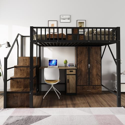 MAMAINI Cama alta de metal, 140 × 200 cm, color negro con armario grande, cajones y escalera de almacenamiento, de madera y rejilla de metal, con diseño de barandilla llamativa