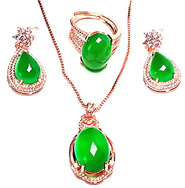 yigedan Schmuck-Set aus Halskette, Ohrringen und Ring,14 Karat Gold Oval grüne Jade