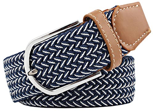 JK Home Cinturón elástico trenzado de 3,3 cm de ancho, cinturones de cintura tejidos elásticos de 3 tamaños con hebilla de cuero PU, cinturón de lona casual para hombres y mujeres, Blanco Azul, 115 cm