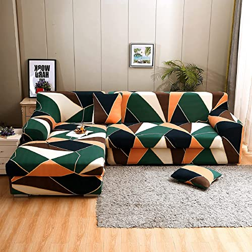 ShowyLive Sofa Überzug Couch Überzug 2er Set für Ecksofa L-Form Sofabezug 3 Sitzer+3 Sitzer, mit 4 Stück Kissenbezug, Grün/Orange