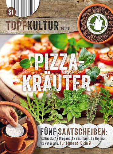 Saatscheiben Pizza-Kräuter, 5 Stk, 8 cm Durchmesser, 10g, Anzucht Samen-Set auf der Fensterbank oder dem Balkon, Rucola, Oregano, Thymian, Basilikum, Petersilie, ganzjährig