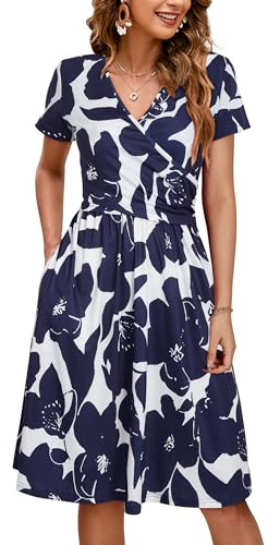 OUGES Floral Maternity Dresses Womens Nursing Dress for Breastfeeding Summer Casual V-Neck Midi Sundress with Pockets-M