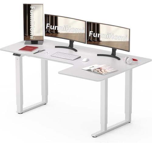 FunniHomi Electric Standing Desk 180x110 cm L Shaped Height Adjustable Desk with Dual Motors Four Legs Desk Stand Sit Table with Memory Smart Pannel for Home Office, White