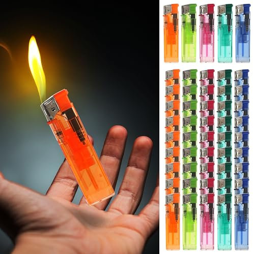Elektronik Feuerzeug 50 Stück | Pastell-Farben transparent | Kunststoff Eisen 5 Farben 2,5x8x1,3cm | Feuerzeug nachfüllbar regulierbare Flamme (1 x 50er Set Feuerzeug Pastell transparent)