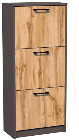 Home Collective Schuhschrank mit 3 aufklappbaren Schubladen Schuhregal mit 3 Fächern weiche abgerundete Kanten 50 cm breit laminierte Platte platzsparende Schuhaufbewahrung Graphit Eiche