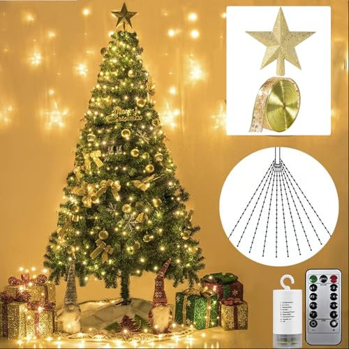 GLSAYZU Cascading Twinkle Lights for Christmas Tree, Cascading Christmas Tree Lights, Tree Twinkle Fairy Lights Warm White Silver Wire for Indoor Outdoor Decoration (Warm, 3m 10 Strips 300 Lights)
