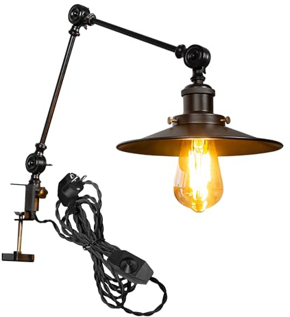 FSLiving Retro Klemmleuchte,1 Packung Leselampe mit 2,5 m Kabel, Dimmbar Schwarz Nachttischlampe,Augenpflege Schreibtischlampe für Büro Heimgebrauch, E27 Lampenhalterung - TB2773B