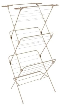 Tower 3 Tier Concertina Clothes Airer, Foldable Indoor & Outdoor Laundry Drying Rack with 26 Rods, 4 Hanger Hooks & Shoe Rack, 19m Drying Space, Easy Close Collapsible Design, Latte