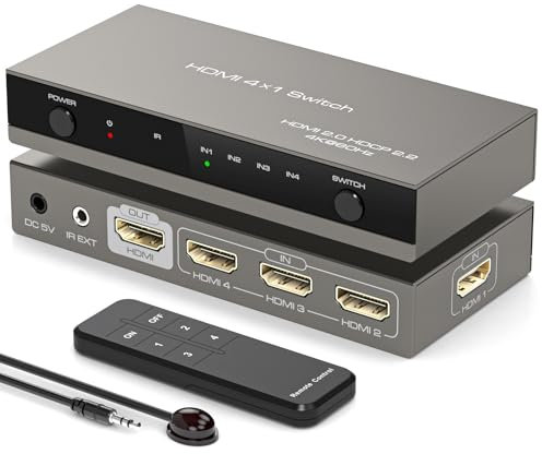 VEDINDUST Switch HDMI 4 In 1 Out 4K@60Hz Sdoppiatore HDMI 2.0 con Alimentatore e telecomando Supporta HDCP 2.2 18Gbps Compatibile con monitor HDTV PS5 Xbox