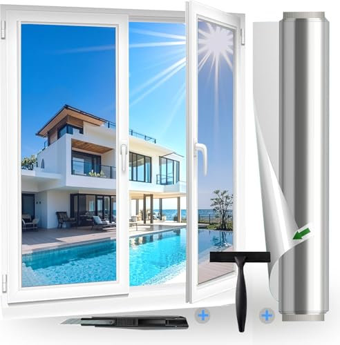 Fensfolie (60X400cm) Sonnenschutzfolie Fenster innen oder außen Silber, UV-Schutz Spiegelfolie, Ohne Rückstände Thermofolie Fenster Gegen Hitze, Sichtschutz Fensterfolie Hitzfolie