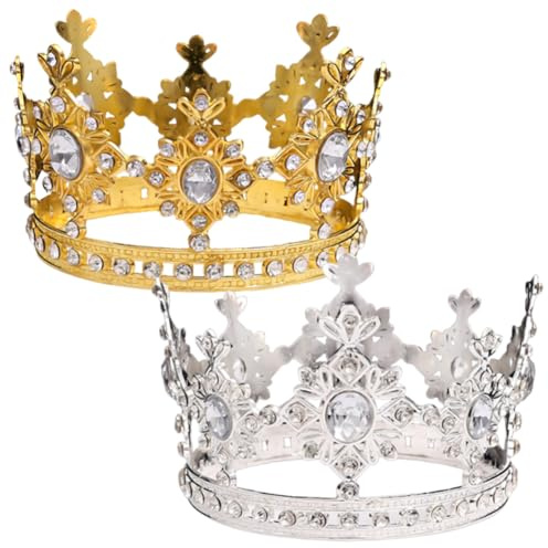 Krone Cake Topper, Mini Krone Dekoration, 2PCS Kleine Strass-Krone Tortenaufsatz,Backdessert Tisch Kleidung für Geburtstag Party Hochzeit Kuchen Prinzessin Kopfschmuck Zubehör (Gold, Silber)