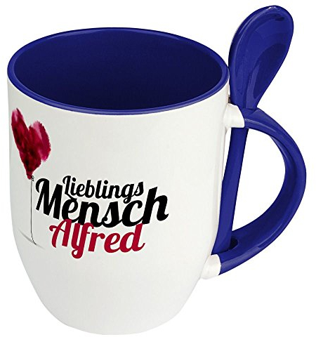 printplanet Löffeltasse mit Namen Alfred - Motiv Lieblingsmensch - Namenstasse, Kaffeebecher, Mug, Becher, Kaffeetasse - Farbe Blau