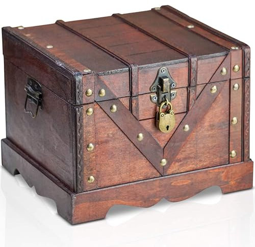 Brynnberg Schatztruhe „Vitec 24x21x18cm“ – Große Schatzkiste Flach, Braun Mit Nieten Verziert, Mit Deckel, Schloss Und Schlüssel, Piratenkiste Verschließbar, Aufbewahrungsbox mit Henkel