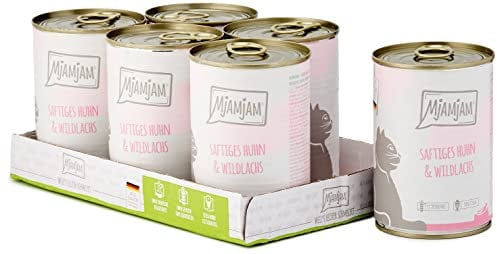 MjAMjAM - Premium Nassfutter für Katzen - saftiges Huhn und Wildlachs, 6er Pack (6 x 400 g), getreidefrei mit extra viel Fleisch