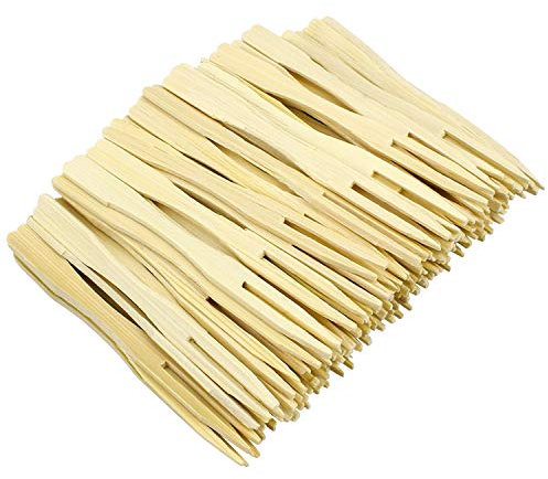 Hysagtek - Tenedores desechables de bambú para fiestas, 2 puntas, horquillas para cóctel, para el hogar y la fiesta, 8,8 cm