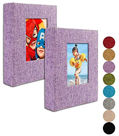 Fotoalbum Klein 10x15 – Klare Seiten, Leinen Cover mit Frontfenster, 2 Pack, Jedes Kleine Album fasst 52 Fotos, Kleines Brag Book Fotoalbum für 10x15 Bilder, Lilac Violett Stoff