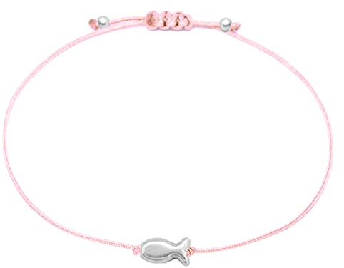 Selfmade Jewelry Armband Damen Silber Fisch Größenverstellbares Makramee-Armkettchen mit Fischchen Handmade Inkl. Geschenk-Verpackung (Silber - Rosa)