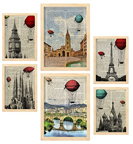 Nacnic Set von 6 Poster von Vintage Cities. Sammlung von Platten mit ästhetischer Collage für Innendekoration. Größen A3 und A4. Mit Holzrahmen.