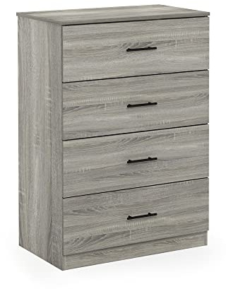 Furinno Tidur Schlichtes Design Kommode mit 4 Schubladen und Griff, Französische Eiche Grau