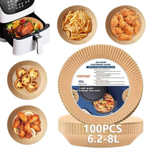 HONYAO 23 cm Fogli di Carta Forno per Friggitrice ad Aria XXL 6,5-9 L, 100 Pezzi Antiaderente Usa e Getta Carta Pergamena, Impermeabile Antiolio Accessori per Air Fryer - Rotondo