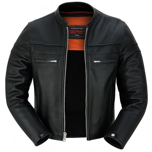 Daniel Smart Men Motorcycle Black Leather Jacket Mandarin Collar Biker Leather Jacket with inside pockets