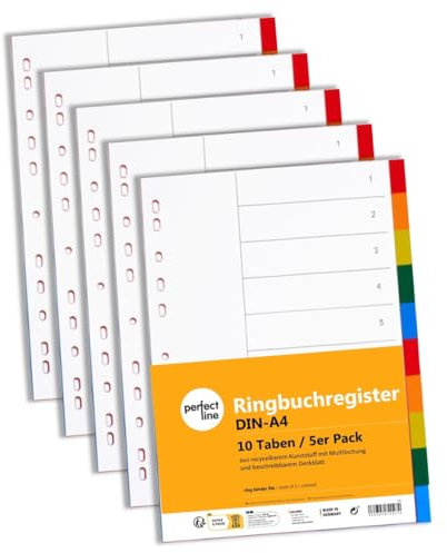 perfect line - Ordner-Register DIN-A4 aus Kunststoff (PP), 10 Taben (10-teilig), 5er Set, Trennblätter für Akten-Ordner, recycelbar, made in Germany