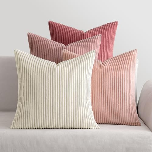 MIULEE Kordsamt Kissenbezug Weiche Kissenhülle Dekorative Sofakissen Quadratische Dekokissen Moderne Zierkissenbezug Gestreifte Kissenbezüge für Wohnzimmer Schlafzimmer 4 Stück 45x45cm Rosa