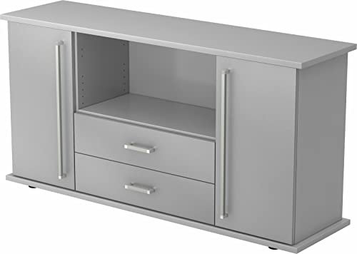 bümö Sideboard Grau/Silber mit Flügeltüren & Regal - Büromöbel Sideboard mit Schubladen Holz 166cm breit, 45cm schmal, Büro Schrank für Flur oder als Wohnzimmer-Kommode mit Chromgriff
