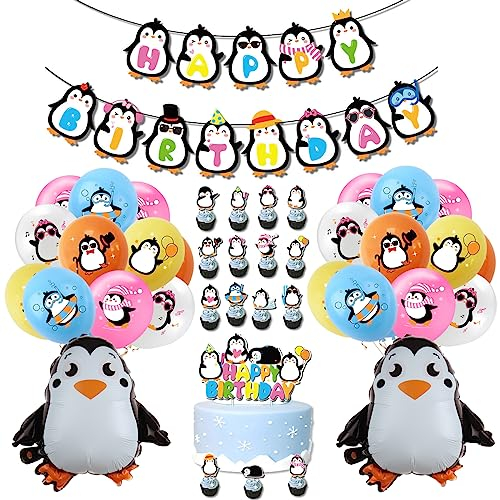SUNSK Geburtstagsballons Pinguin Tier Luftballons Runde Latexballon XXL Folienballons Happy Birthday Girlande Kuchen Topper Geburtstag Deko für Kinder 39 Stück