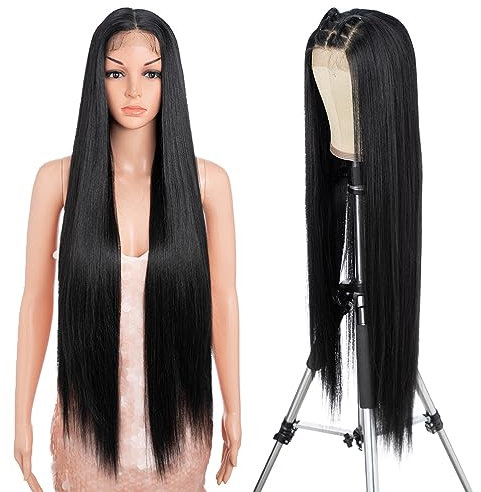 Style Icon Perücke 38 Inches Super Long Straight Wig 13x4 Lace Front Wig Free Part Long Straight Synthetic Lace Wigs for Women (1B)