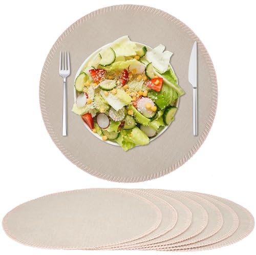 Rinpon Set di 8 tovagliette rotonde in tessuto, in lino rustico, lavabili in lavatrice, resistenti al calore, resistenti alle pieghe, in poliestere spesso, per tavolo da pranzo (beige)