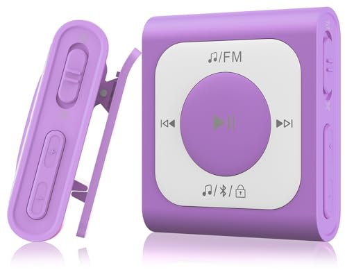 AGPTEK 64GB Clip MP3 Player mit Bluetooth, Mini Tragbarer Musikplayer mit Zufallswiedergabe, UKW-Radio, kein Telefon erforderlich für Sport, Lila
