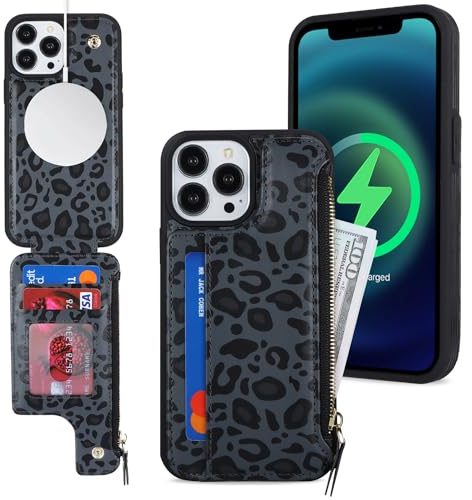 SailorTech iPhone 14 Pro Case with Credit Card Holder magsafe, iPhone 14 Pro Phone Leather Case Wallet for Women Compatible mag safe Card Slots Zipper Shockproof Case for Men - Black Leopard