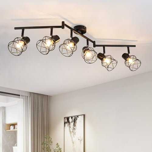 FORCOSO Deckenstrahler Schwarz Schwenkbar 350°, Spots Deckenleuchte 6 Flammig Metall Deckenlampe Strahler, E14 Vintage Deckenspots Wandstrahler, Decke Küchenlampe Küche Wohnzimmer Flur Wand Lampe