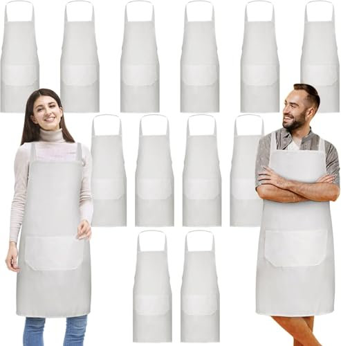 Paquete de 12 delantales blancos a granel, delantales unisex lisos con 2 bolsillos, delantal en blanco con lazos largos para adultos, cocina, pintura, barbacoa, parrilla, hornear, lavable a máquina,