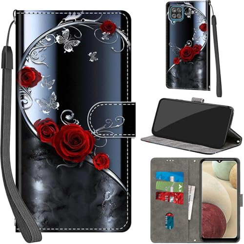 Handyhülle für Samsung Galaxy A12 Hülle PU Leder Schutzhülle Klappbar mit Kartenfach Ständer Handytasche mit Kameraschutz Flip Case Klapphülle für Samsung A12, silberner Schmetterling