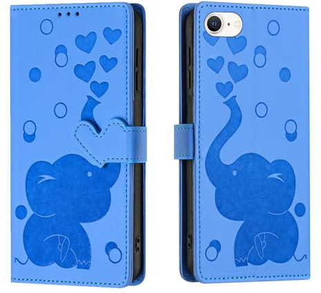 Wuhaizher for iPhone SE 2022 & 2020 Case iPhone 8 / iPhone 7 Case Elephant Love Heart Shockproof Leather Flip Wallet Phone Case for Kids Girls with Card Holder Stand Magnetic Protect Cover, Blue