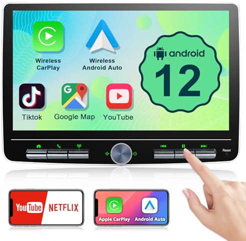 10,1 Zoll Android Autoradio mit Wireless CarPlay, 2G+32G Autoradio 1Din mit Bildschirm, Touchscreen Android Auto Radio Bluetooth Car-Play Display, Navi, WiFi, GPS, AM/FM/RDS, GooglePlay