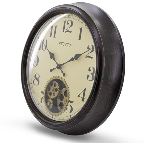 eYotto Moving Gears Wanduhr, 38,1 cm, groß, industriell, Retro, Vintage, Steampunk, Innendekoration, gewölbtes Glas, leise Wanduhren für Wohnzimmer, Küche, Büro, Schule, Geschenk