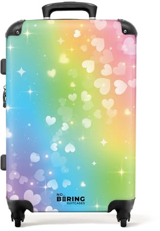 NoBoringSuitcases.com Kinderkoffer, Kinderkoffer Mädchen, Koffer Groß, Reisekoffer Mit Rollen Groß, Koffer Mädchen Reisekoffer Groß, Koffer Mittelgroß (Schwebende Herzchen - Regenbogen, 67 cm - 72 L)
