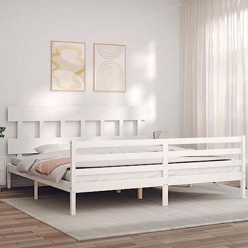 OHOOWOO Massivholzbett mit Kopfteil Weiß,Massives weißes Kiefernholzbett mit Lattenrost für 180 x 200 cm Matratze im Landhausstil