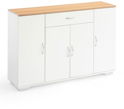 Ginhow Kommode mit 1 Schubladen und 4 Türen, Flur Kommode aus Sonoma Eiche Weiß Optik, Komodenschrank 110cm Breit für Schlafzimmer — 110x 70x 30 cm, Sideboard Weiß mit Verstellbaren Einlegeböden